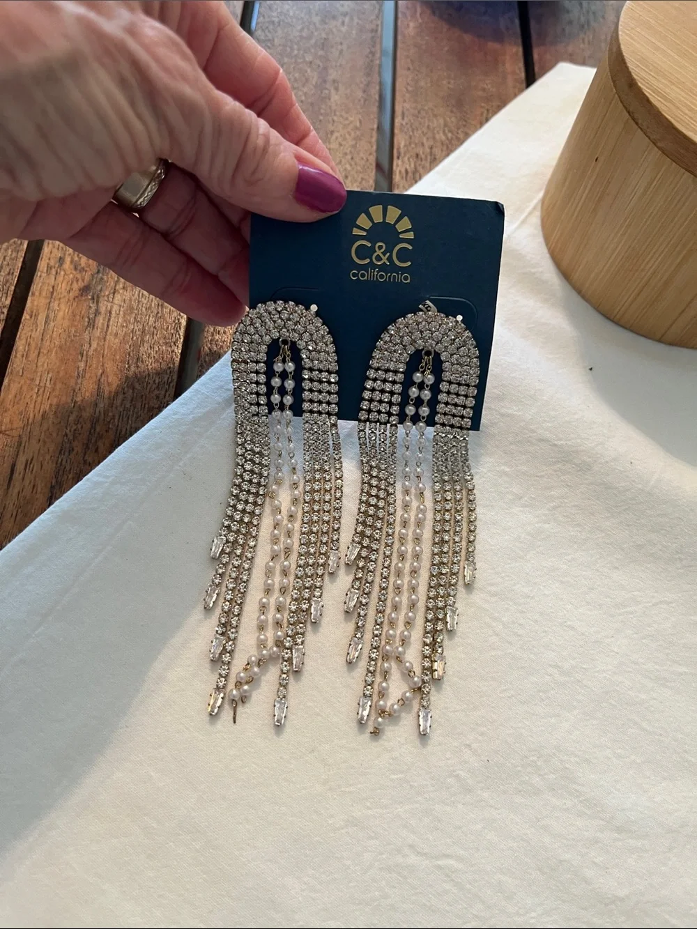 C&C California Silver Crystal Fringe Drop Earrings 4.5” long